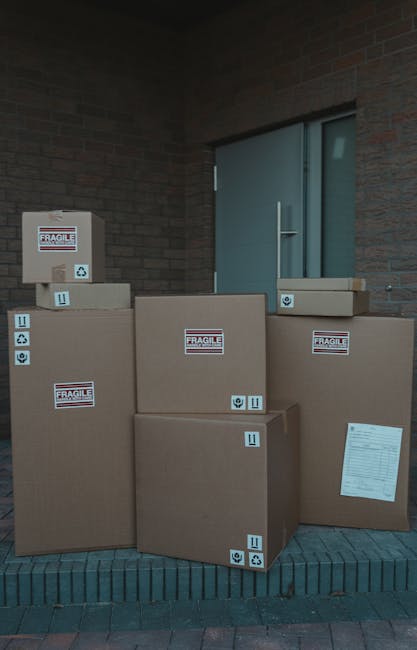 A young woman sitting on the floor inside a room surrounded by numerous cardboard boxes of various sizes, some sealed with red tape and others open with packing materials like foam packing peanuts spi